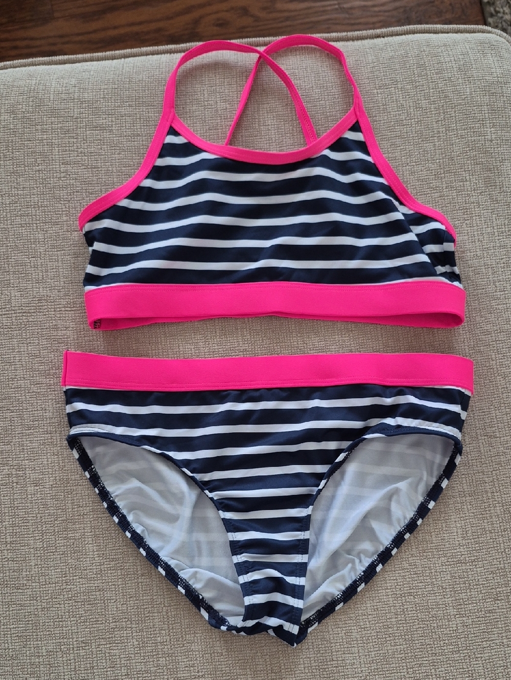 Lands' End Navy and Hot Pink Striped Girls Two-Piece Swim Set Perfect Condition